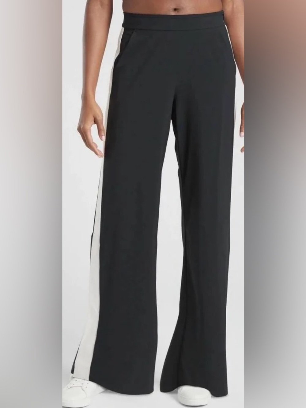 Athleta Gramercy Luxe Track Wide-Leg Black Pants with Light Contrast Side Stripe